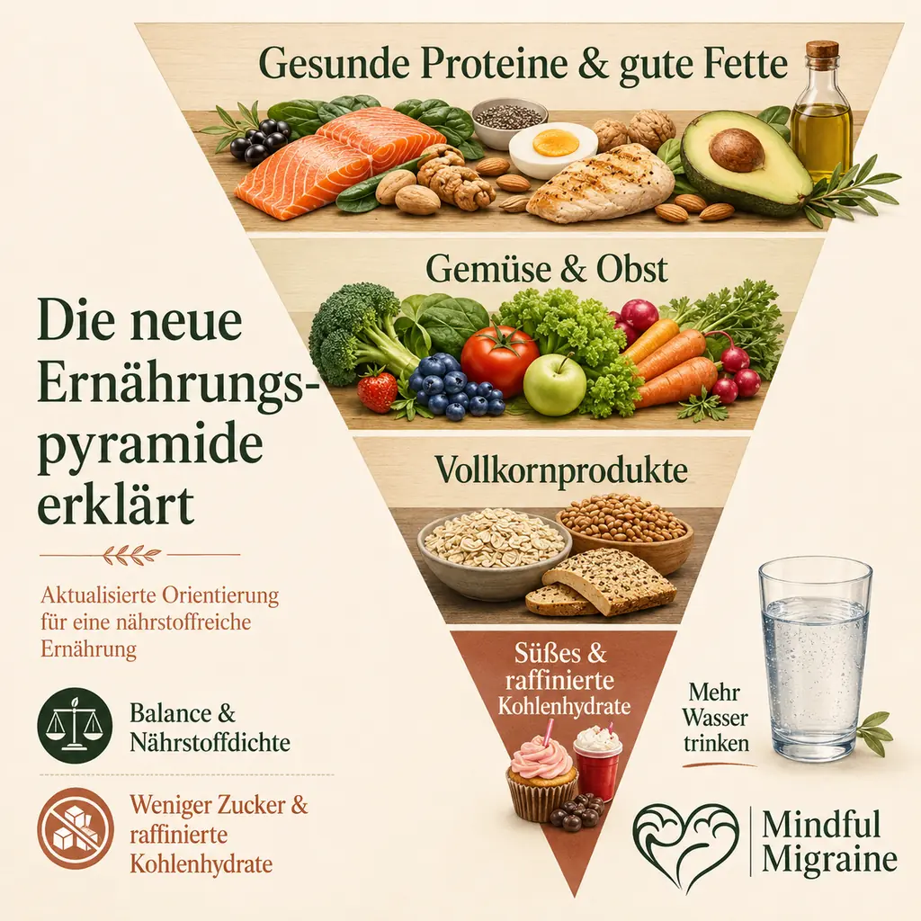 Die neue Ernaehrungspyramide als umgedrehtes Dreieck: oben gesunde Proteine und gute Fette, darunter Gemuese und Obst, dann Vollkornprodukte, an der Spitze unten Suesses und raffinierte Kohlenhydrate, daneben der Hinweis, mehr Wasser zu trinken.